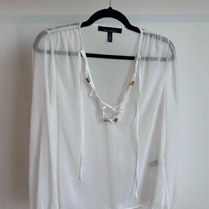 White House Black Market Sheer White Blouse with Gold Accents
